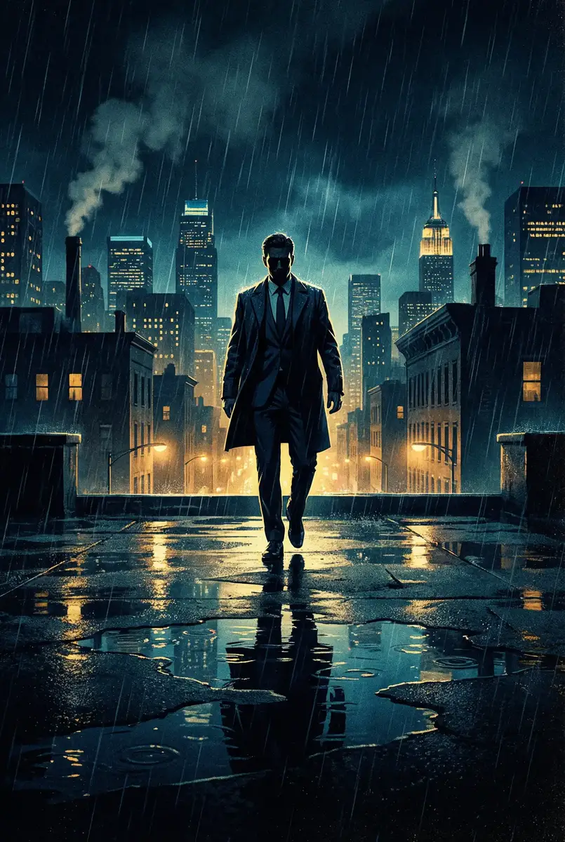 幸福花园全集未增删带翻译 出品影片《雨夜独行者》海报，雨中城市屋顶男性剪影